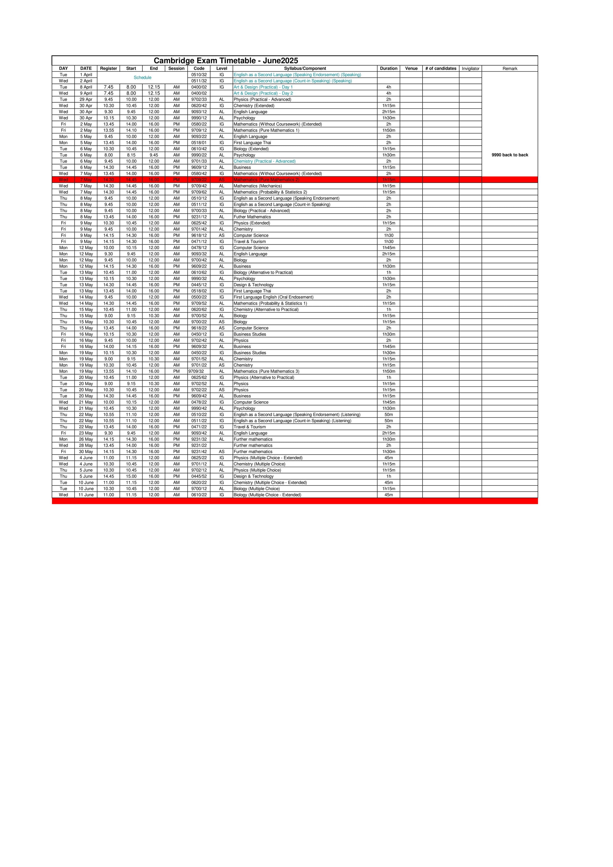 Cambridge CIE Exam Time Table