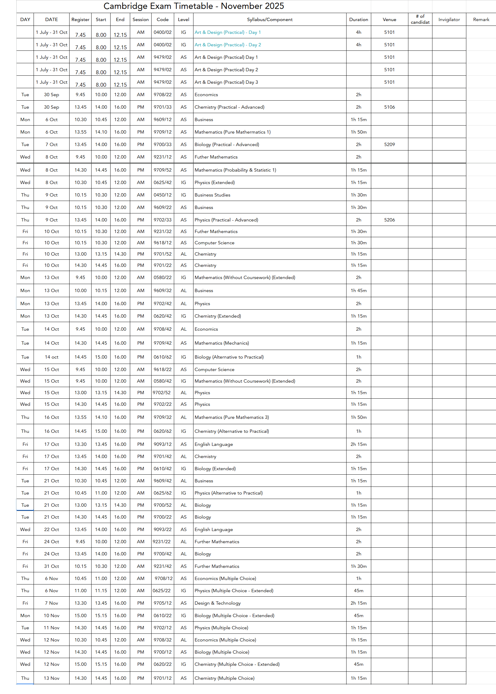 Cambridge CIE Exam Time Table